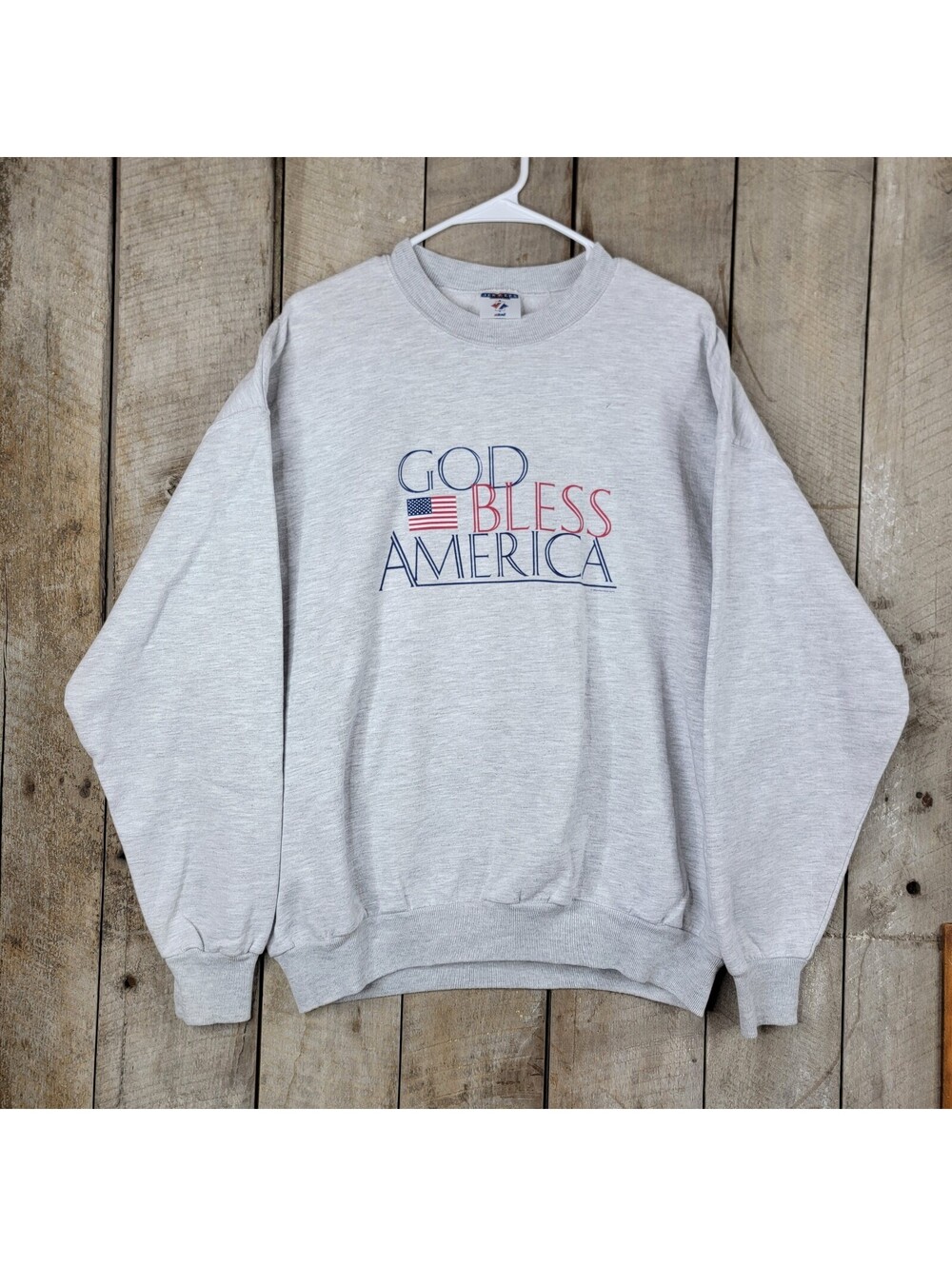 Vintage God Bless America Sweatshirt USA Flag Graphic Gray Jerzees XL